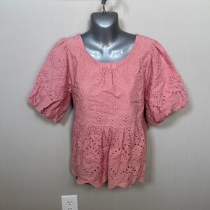 Joy Joy Rose Pink Eyelet Peplum Puff-Sleeve Top